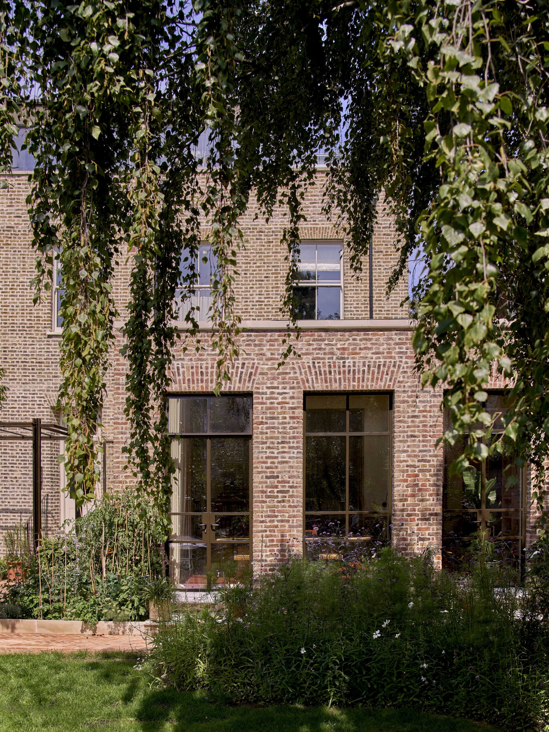 Rear facade of Highbury house with large windows seen through tree branches