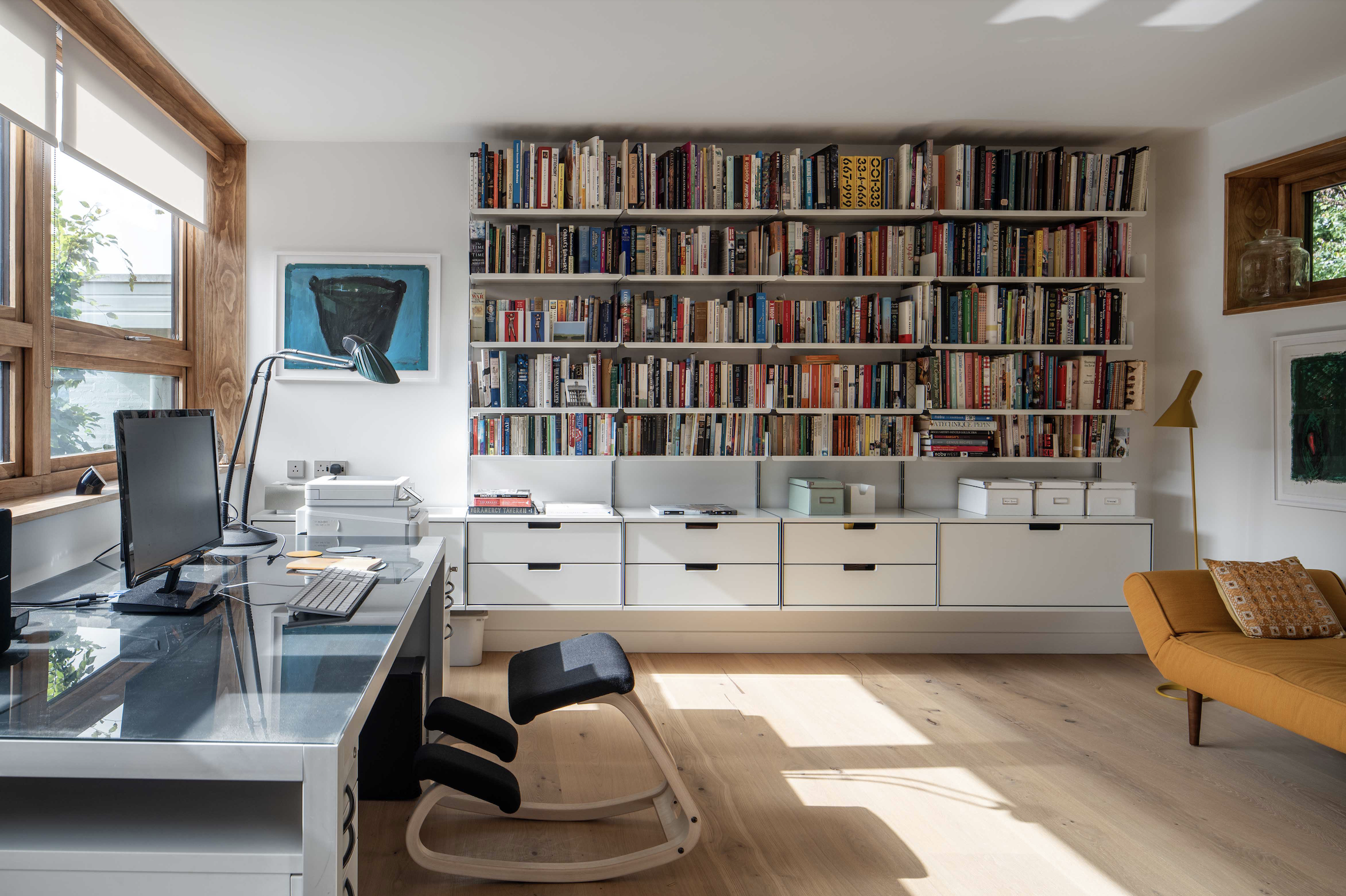 Expansive home study with built-in bookshelves
